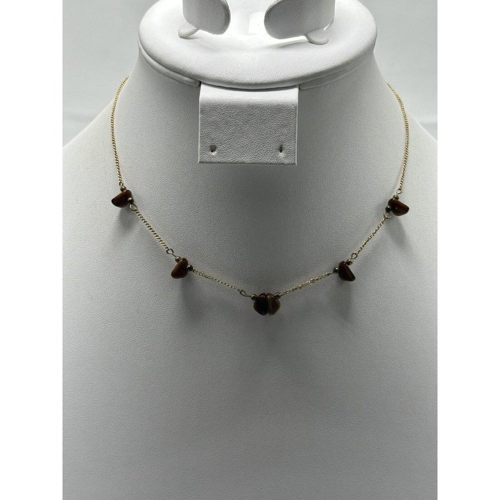 tiger eye stone necklace on gold tone chain